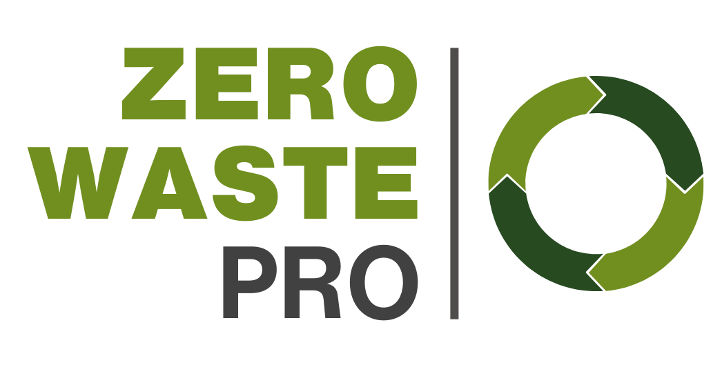 Zero Waste Pro Logo: Stacked on top of each other are the words ZERO WASTE PRO right justified. there is a horizontal like to the right, and a circle to the right of the line.